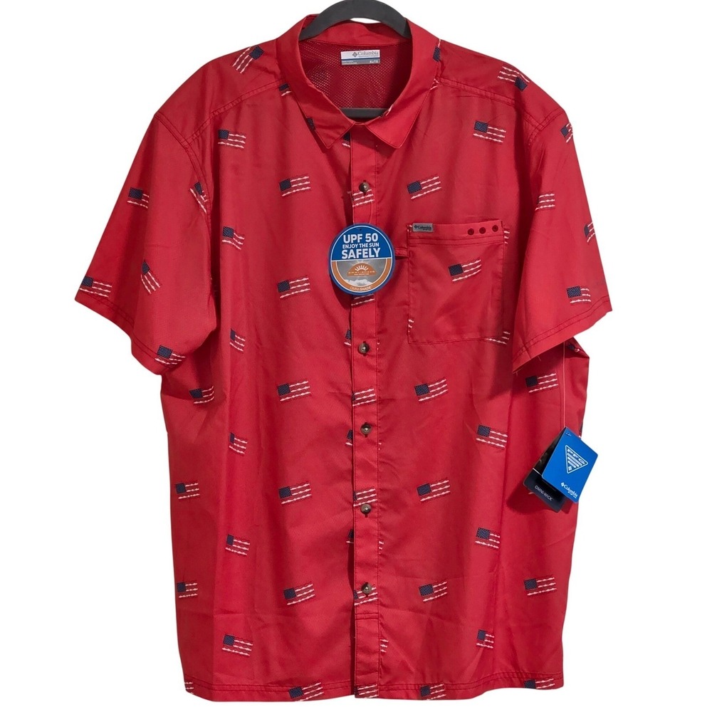 Columbia PFG Super Bluefin Winds Camp Shirt Men XL Red American Flag UPF 50 New